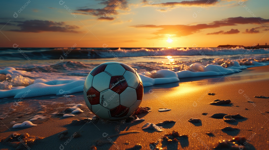 Bola de futebol na praia com o pôr do sol.