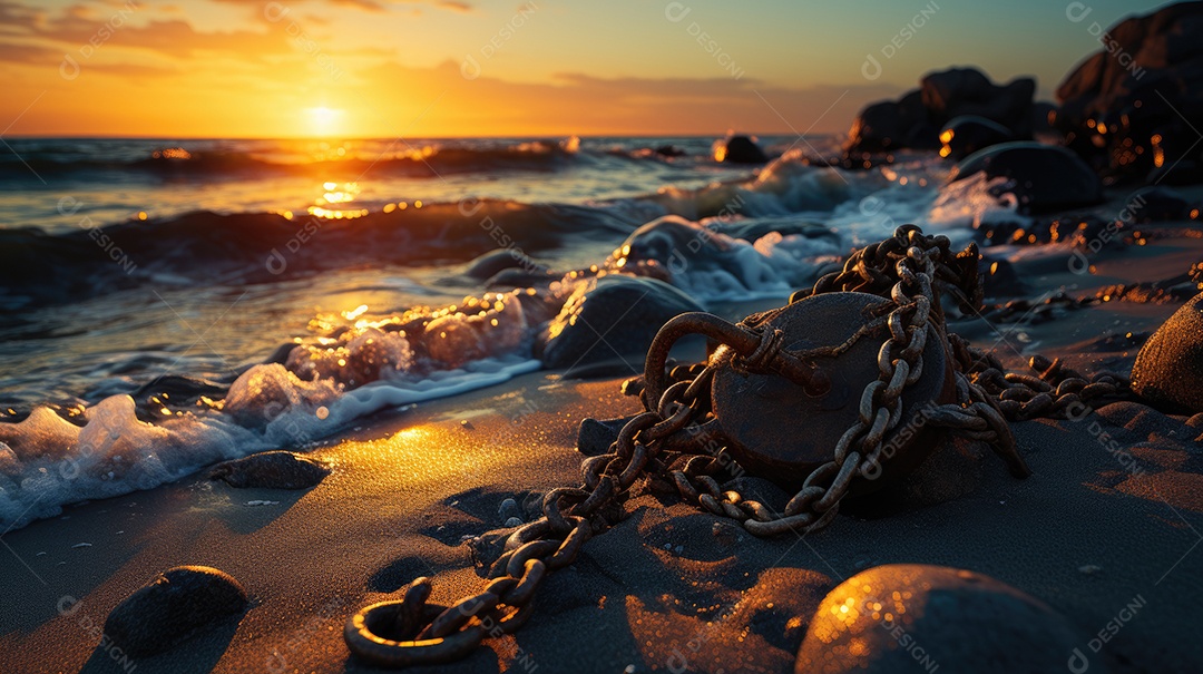 Pôr do sol de fundo com vista para o mar.