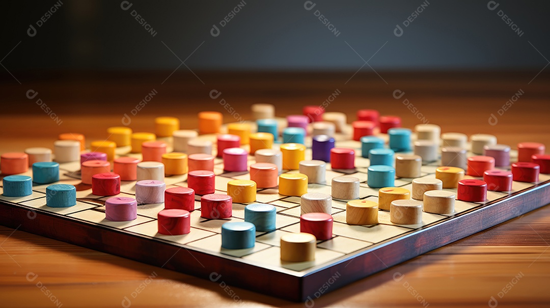 Um tabuleiro de jogo de madeira com um conjunto colorido de peças.