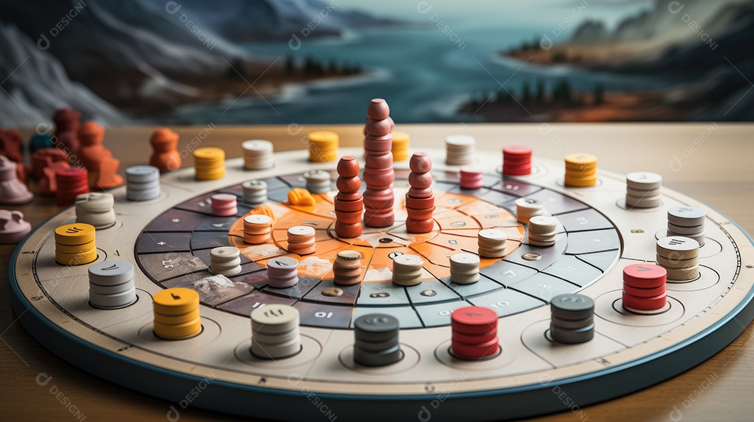 Um tabuleiro de jogo de madeira com um conjunto colorido de peças.