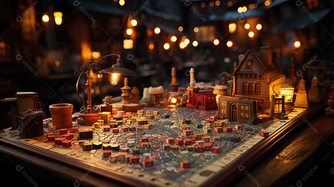 Um tabuleiro de jogo de madeira com um conjunto colorido de peças.