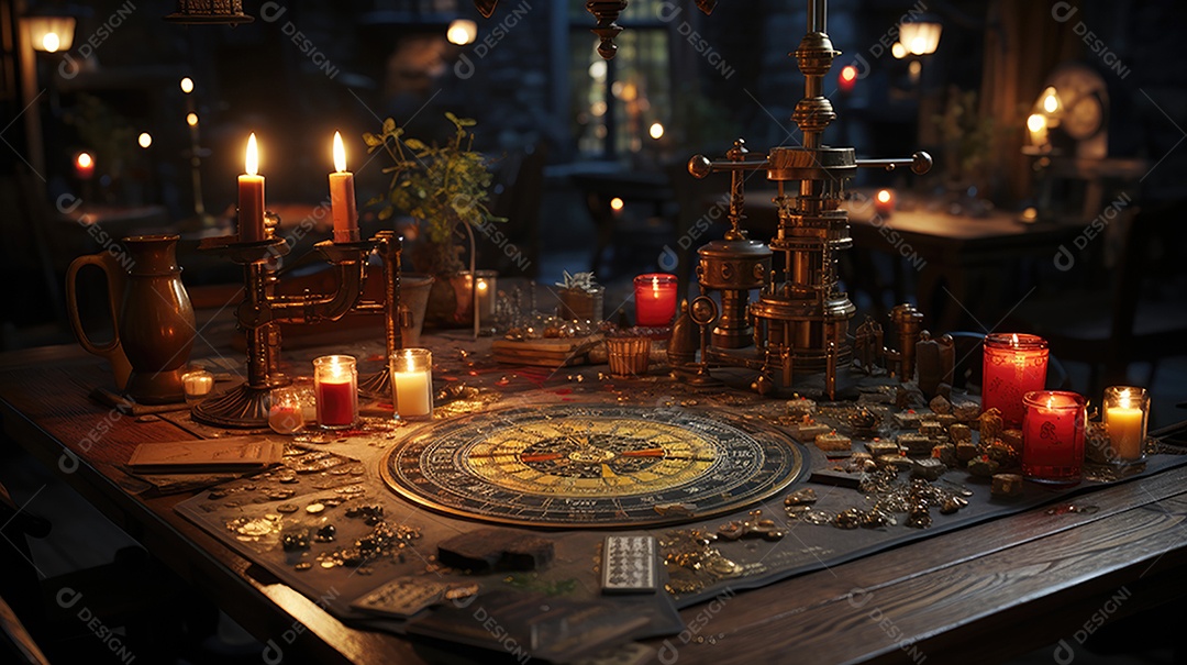 Um tabuleiro de jogo de madeira com composições de vários objetos.