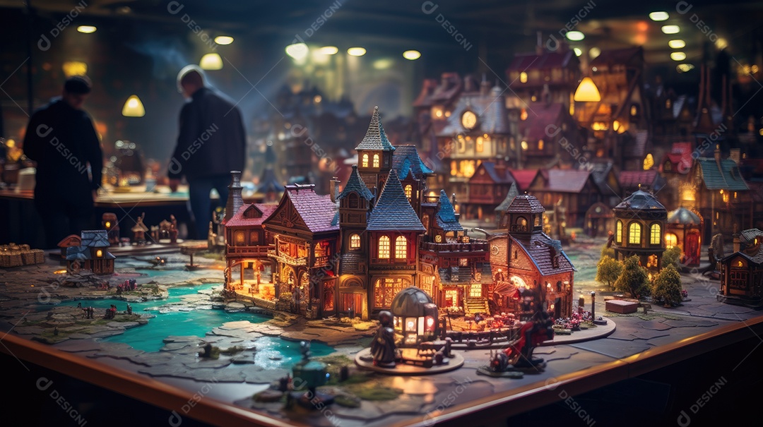Maquete de uma pequena área da cidade com iluminação noturna.