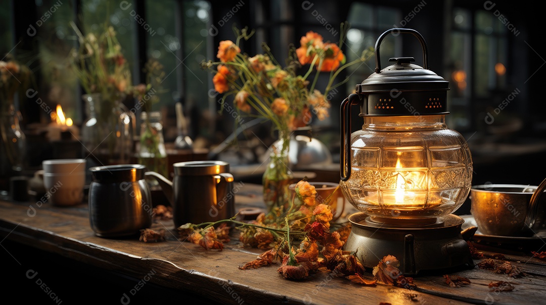 Lâmpada de querosene sobre uma mesa com xicaras e folhas secas.