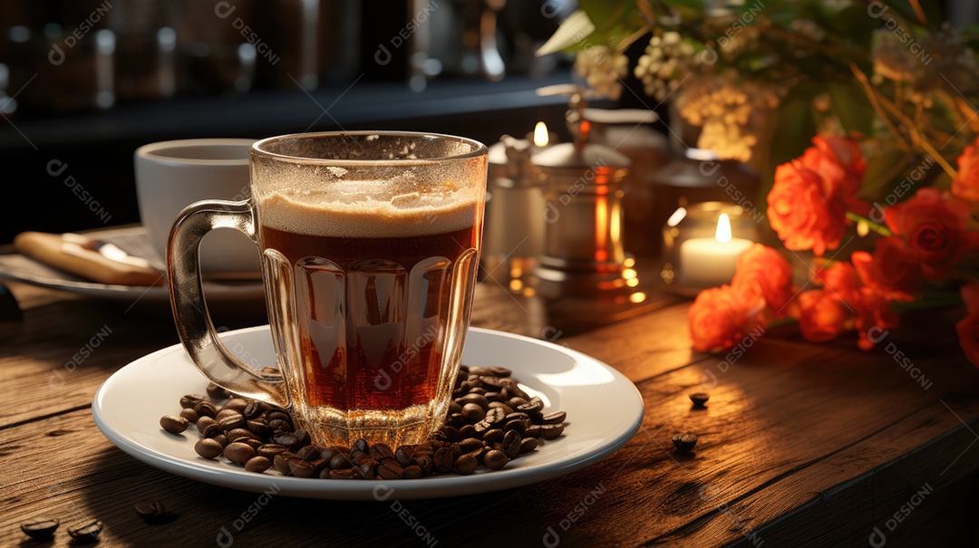 Café cremoso na xícara sobre uma prato branco na mesa de madeira