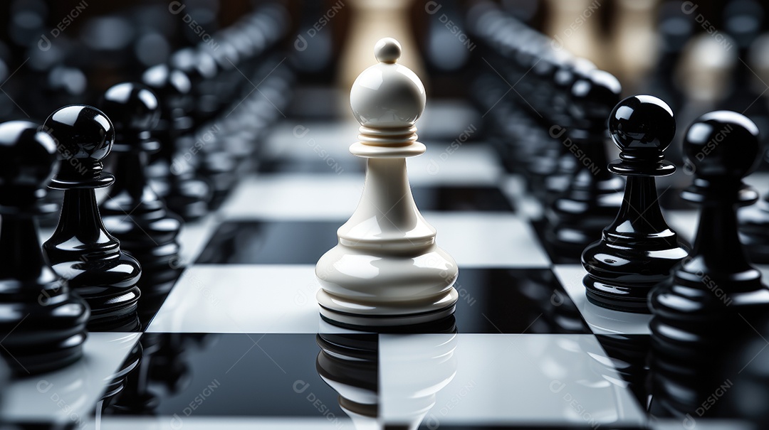 Um peão branco se destaca no jogo de xadrez.