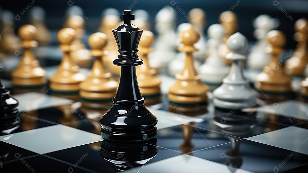 Peças de xadrez no fundo do tabuleiro.