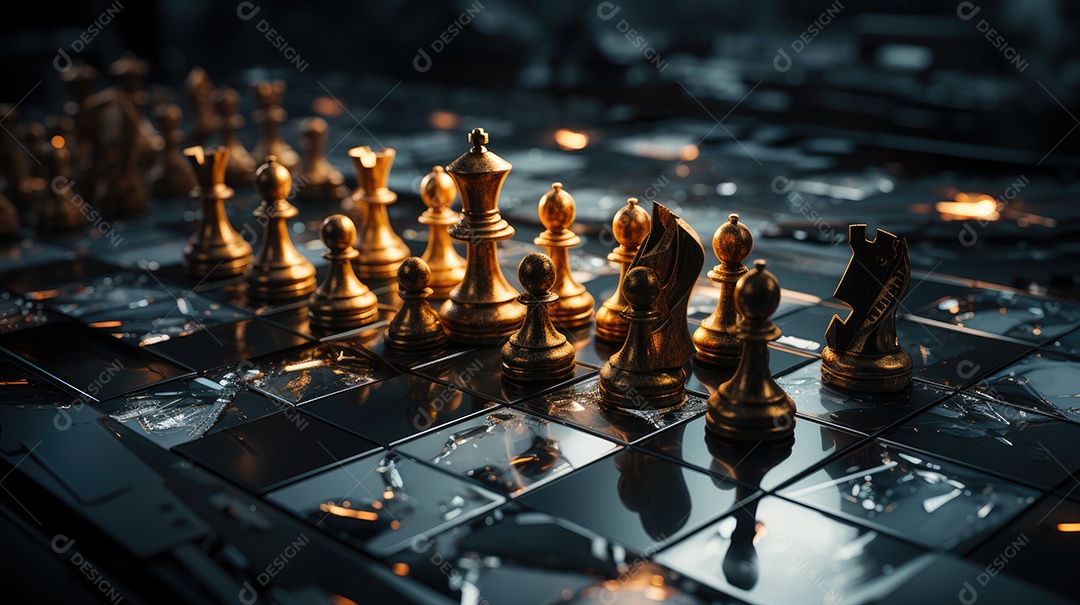 Peças douradas de xadrez no fundo do tabuleiro.