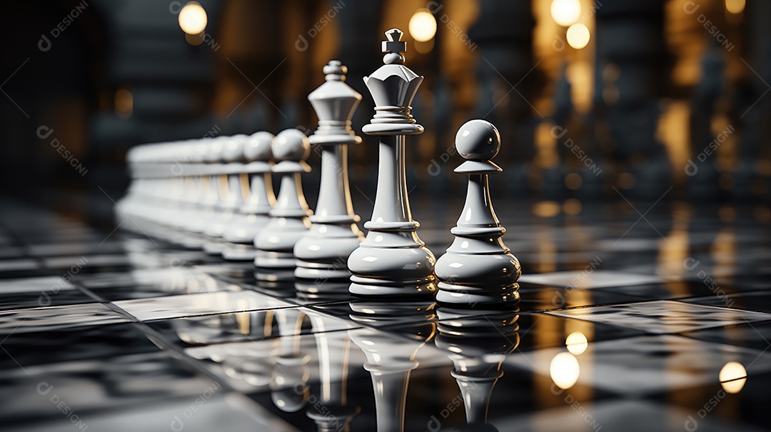 Peças de xadrez no fundo do tabuleiro.