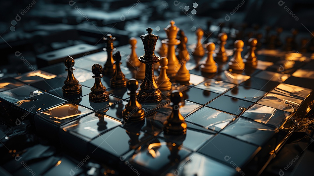 Peças douradas de xadrez no fundo do tabuleiro.