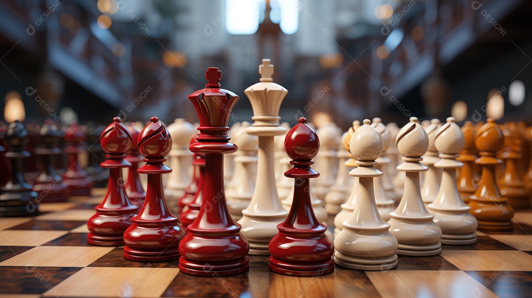 Peças de xadrez no fundo do tabuleiro.