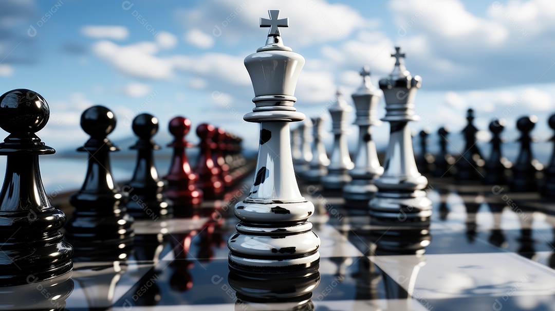 Peças de xadrez no fundo do tabuleiro.