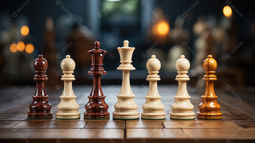 Peças de xadrez no fundo do tabuleiro.