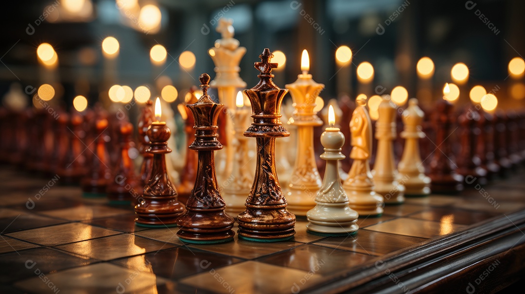 Peças de xadrez no fundo do tabuleiro.