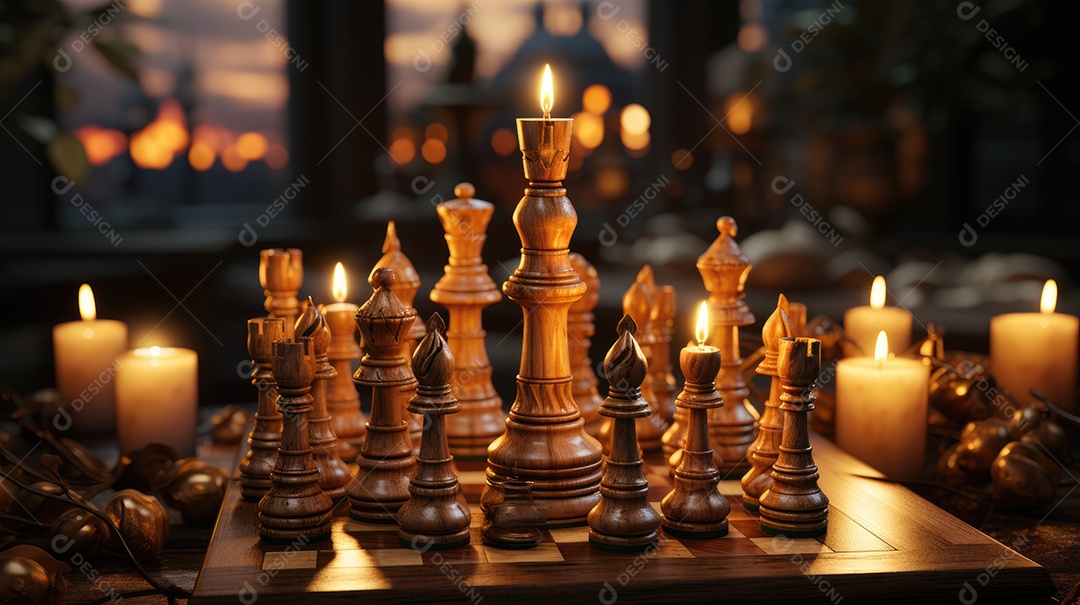 Peças douradas de xadrez no fundo do tabuleiro.