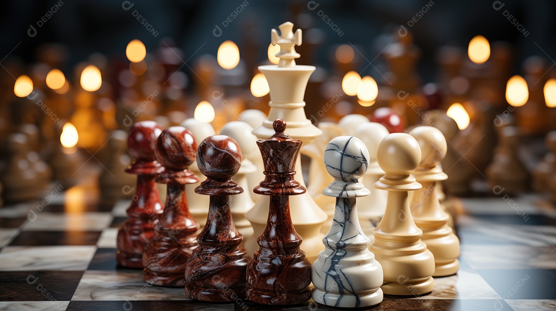 Peças de xadrez no fundo do tabuleiro.