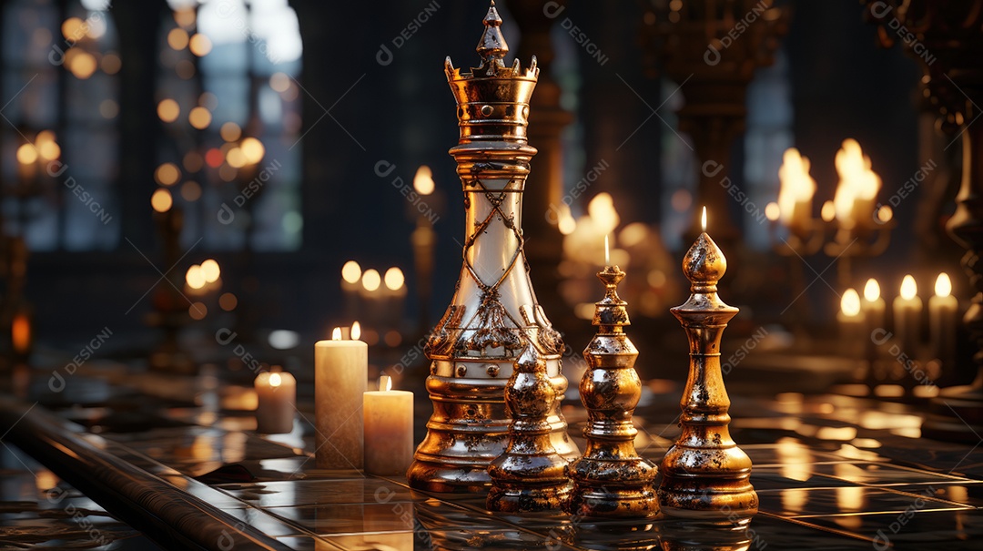 Peças douradas de xadrez no fundo do tabuleiro.