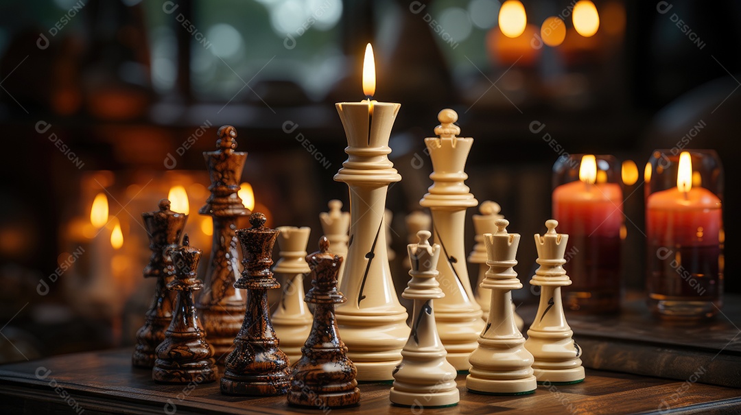 Peças de xadrez no fundo do tabuleiro.