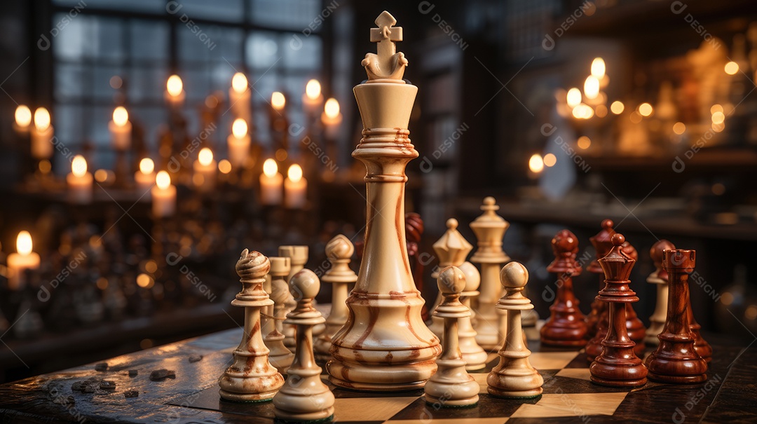 Peças de xadrez no fundo do tabuleiro.