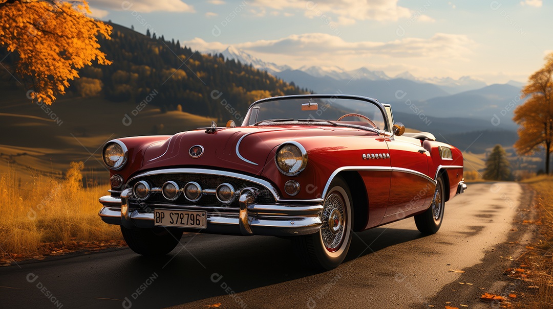 Carros clássicos de modelo antigo em uma bela estrada vazia.