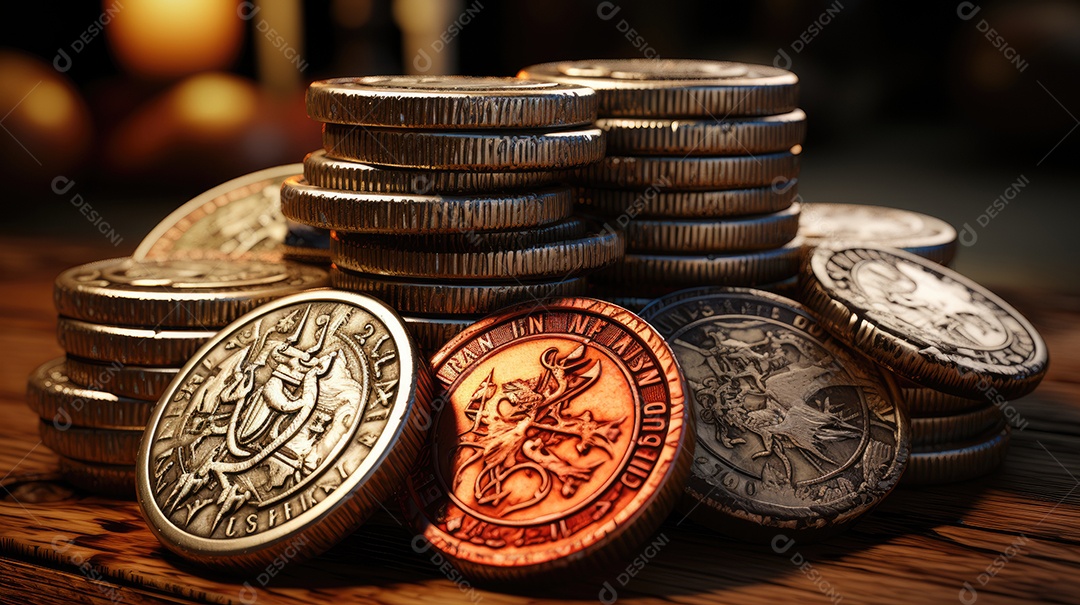 Um close de moedas antigas.