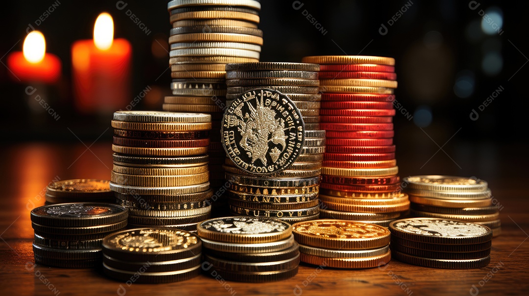 Um close de pilha de moedas antigas.