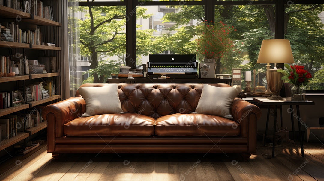 Sala de leitura com sofá e biblioteca com uma bela vista.