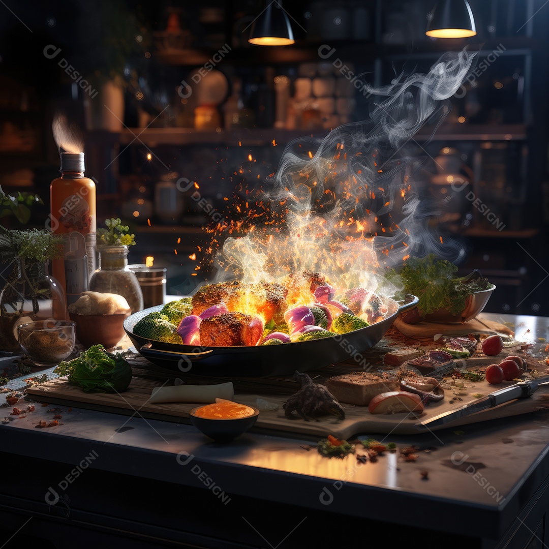 Comida sobre uma mesa de madeira.