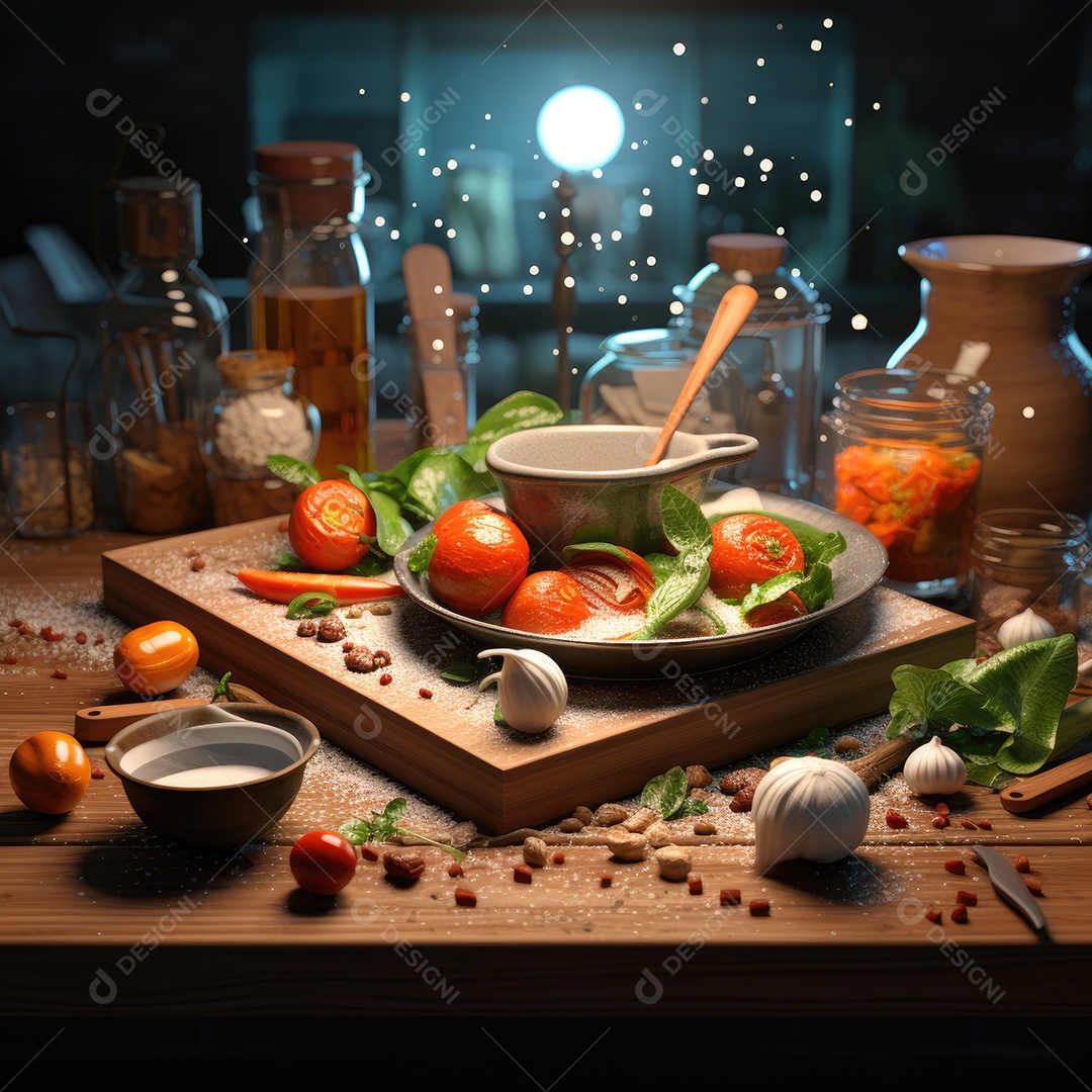 Comida sobre uma mesa de madeira.