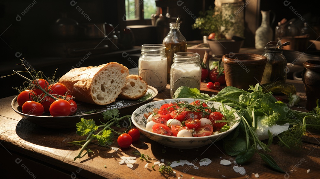Comida sobre uma mesa de madeira.