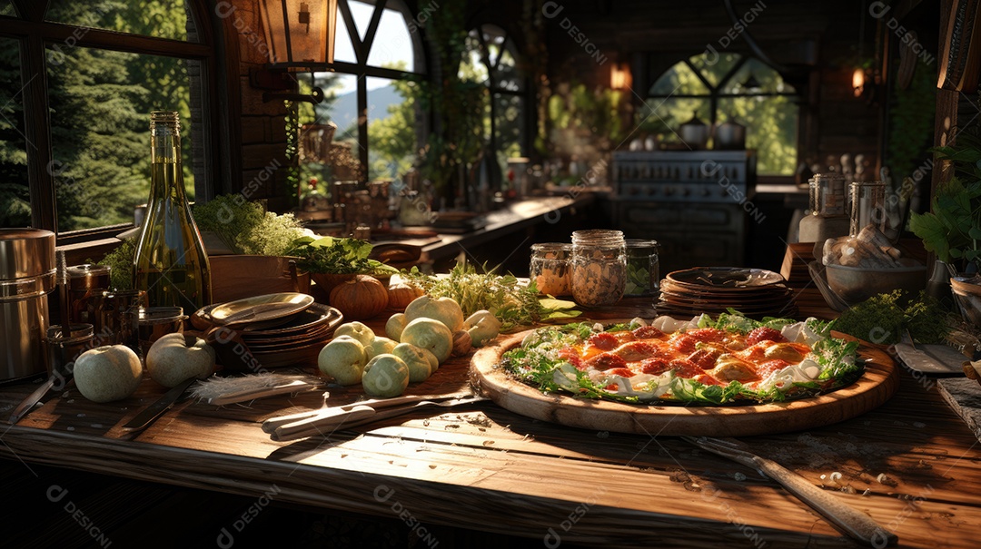 Comida sobre uma mesa de madeira.