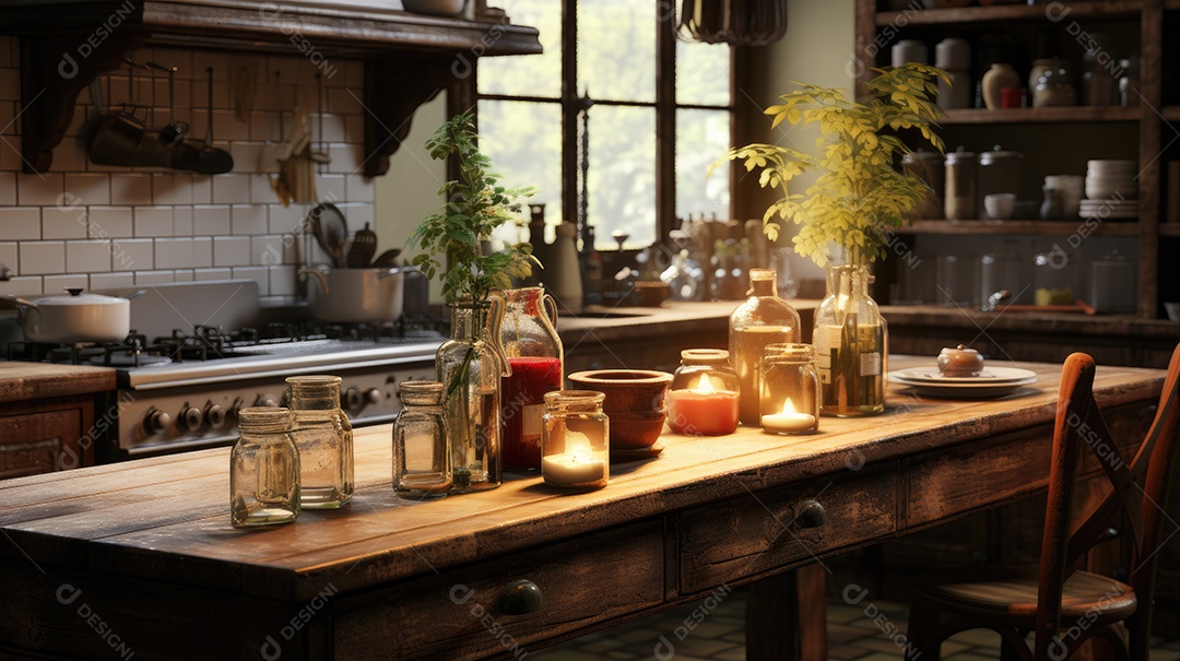 Uma mesa de madeira com alguns potes de especiarias.