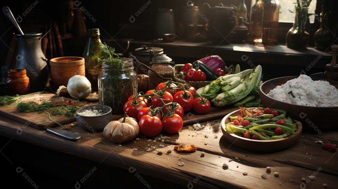 Comida sobre uma mesa de madeira.