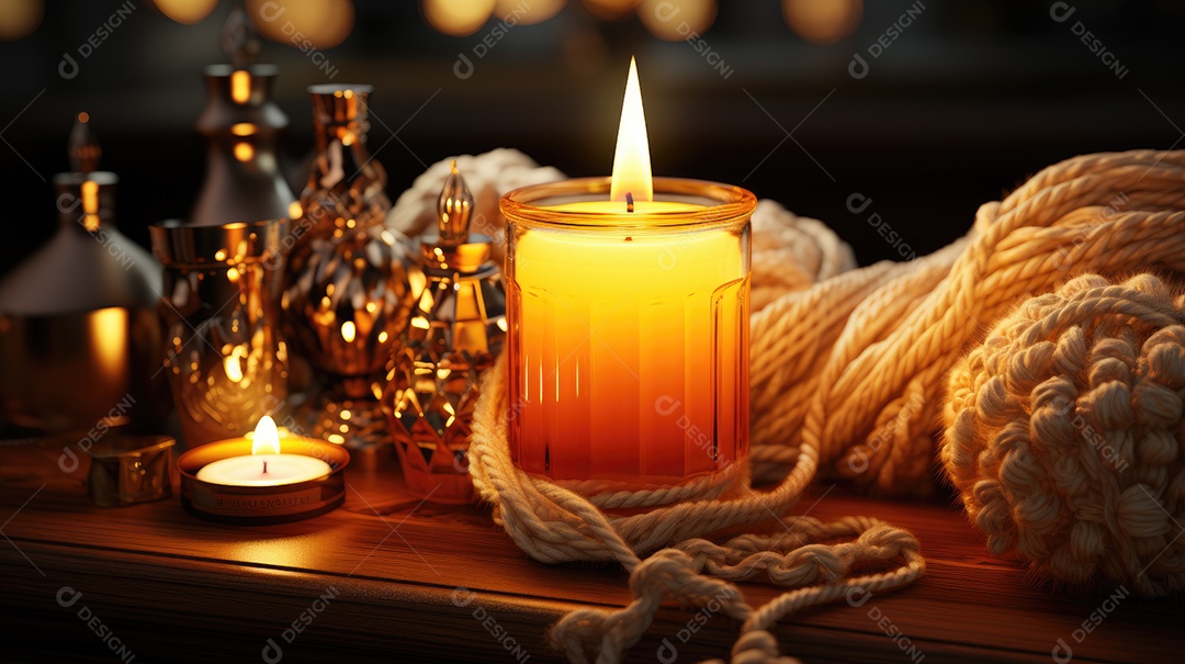 Arranjo de mesa aconchegante, com decoração de outono velas que ilumina o ambiente.