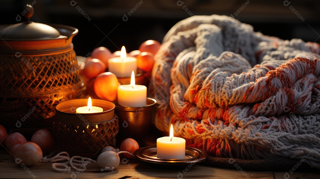 Arranjo de mesa aconchegante, com decoração de outono velas que ilumina o ambiente.
