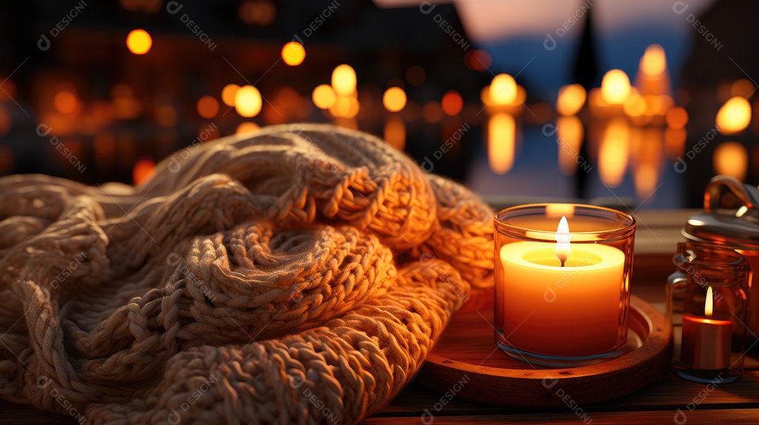 Arranjo aconchegante, com decoração de outono velas que ilumina o ambiente.