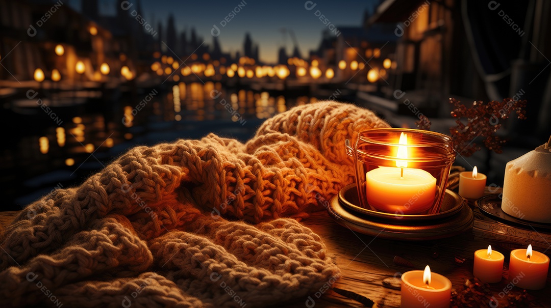 Arranjo aconchegante, com decoração de outono velas que ilumina o ambiente.