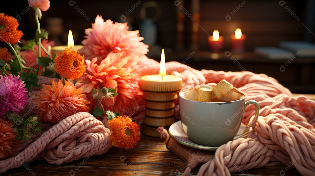 Arranjo de janela aconchegante, com decoração de outono velas que ilumina o ambiente.