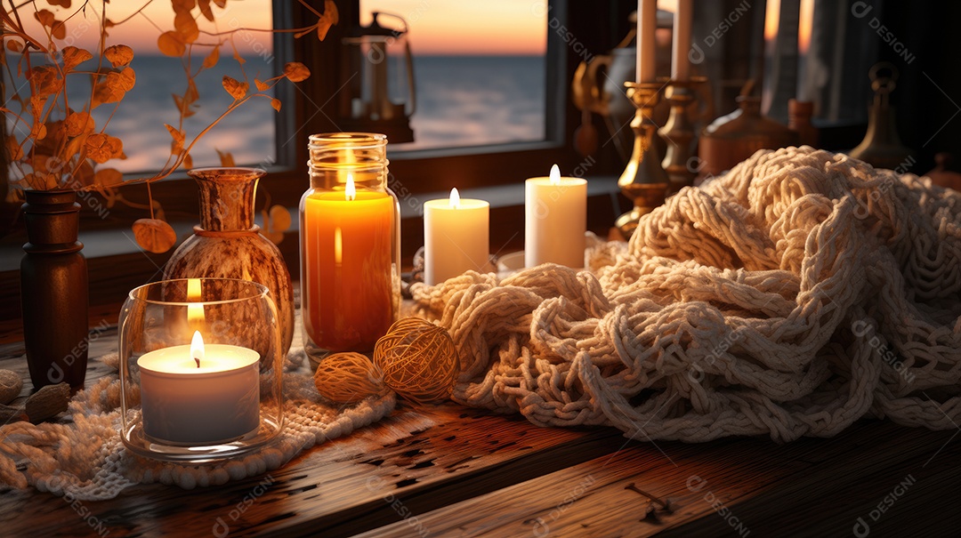 Arranjo de janela aconchegante, com decoração de outono velas que ilumina o ambiente.