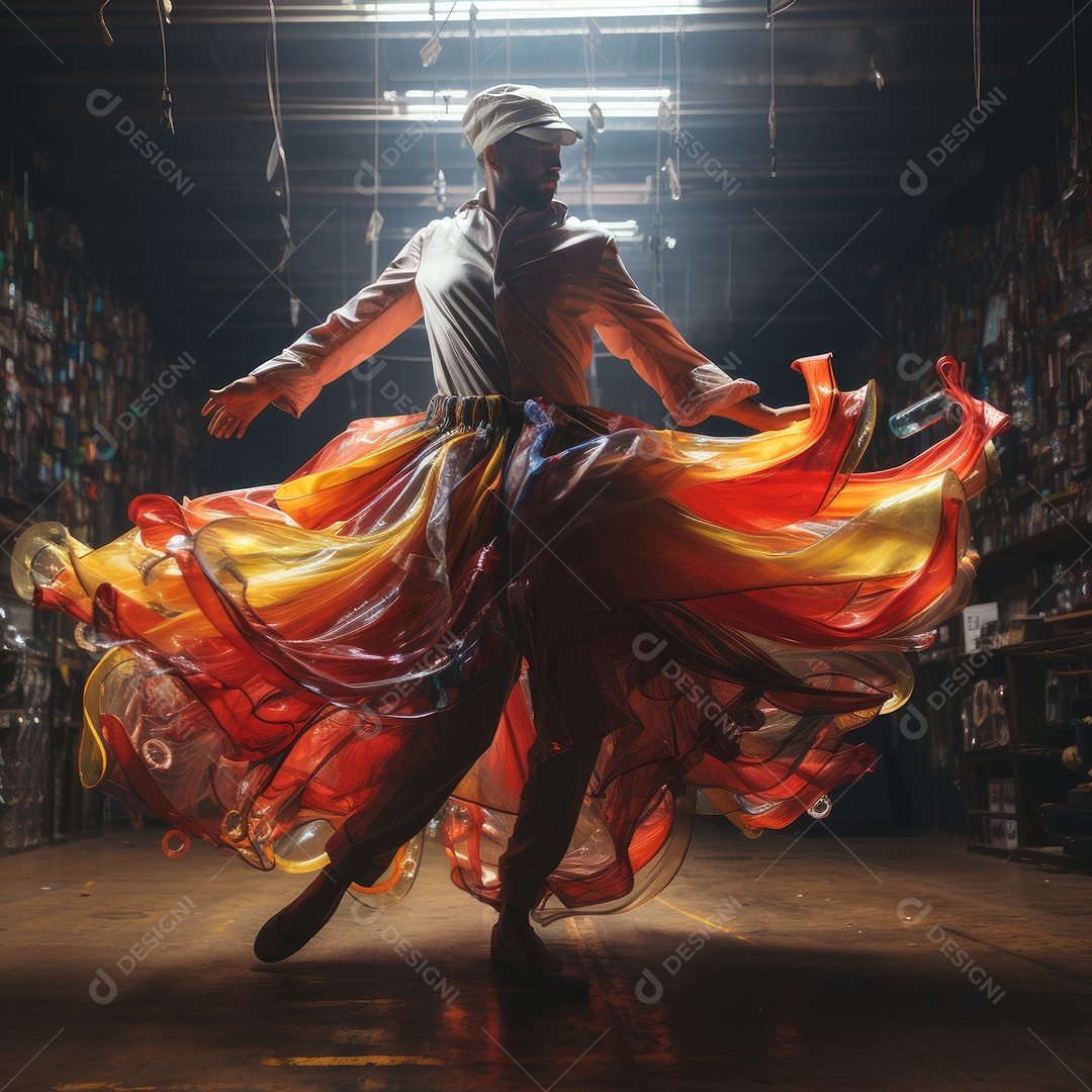 Pessoa dançando com movimentos do balé usando saia longa laranja.