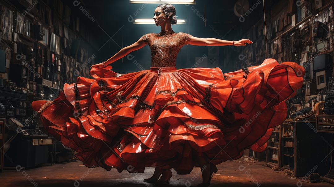 Mulher dançando com movimentos do balé usando saia longa laranja.