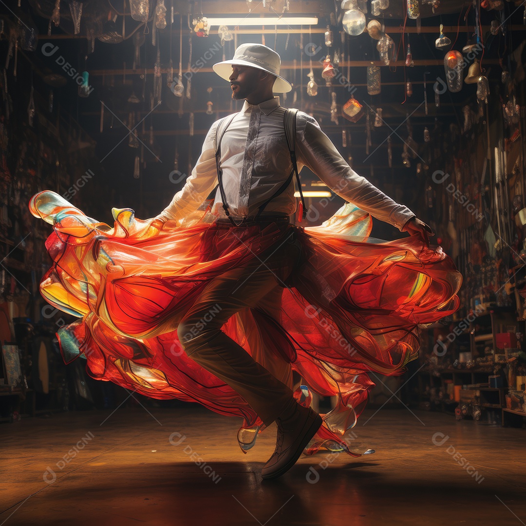 Pessoa dançando com movimentos do balé usando saia longa laranja.