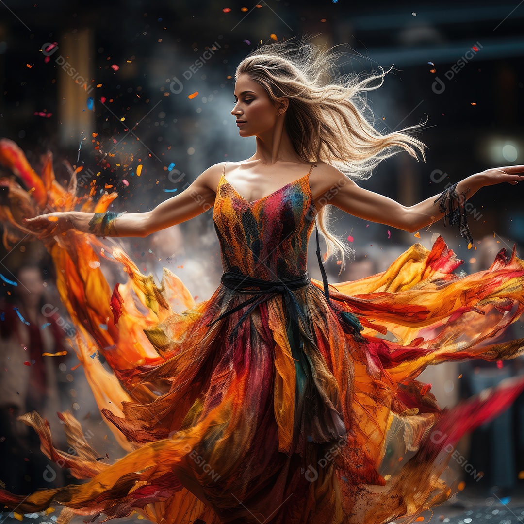 Mulher dançando com movimentos do balé usando vestido longo laranja.