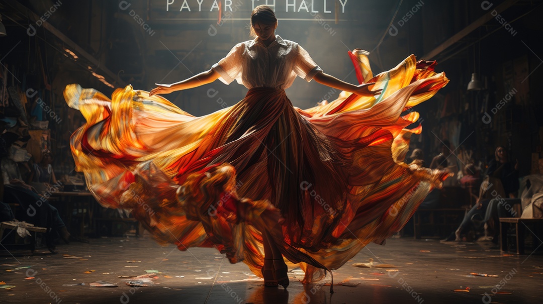 Pessoa dançando com movimentos do balé usando saia longa laranja.