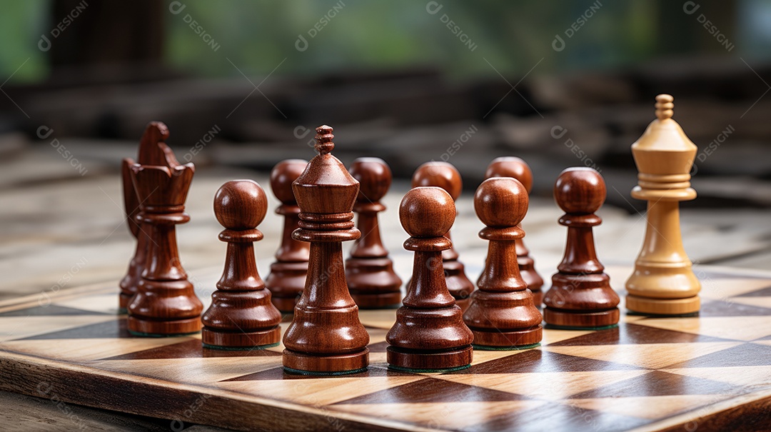 Um tabuleiro de xadrez com peões de madeira isolados