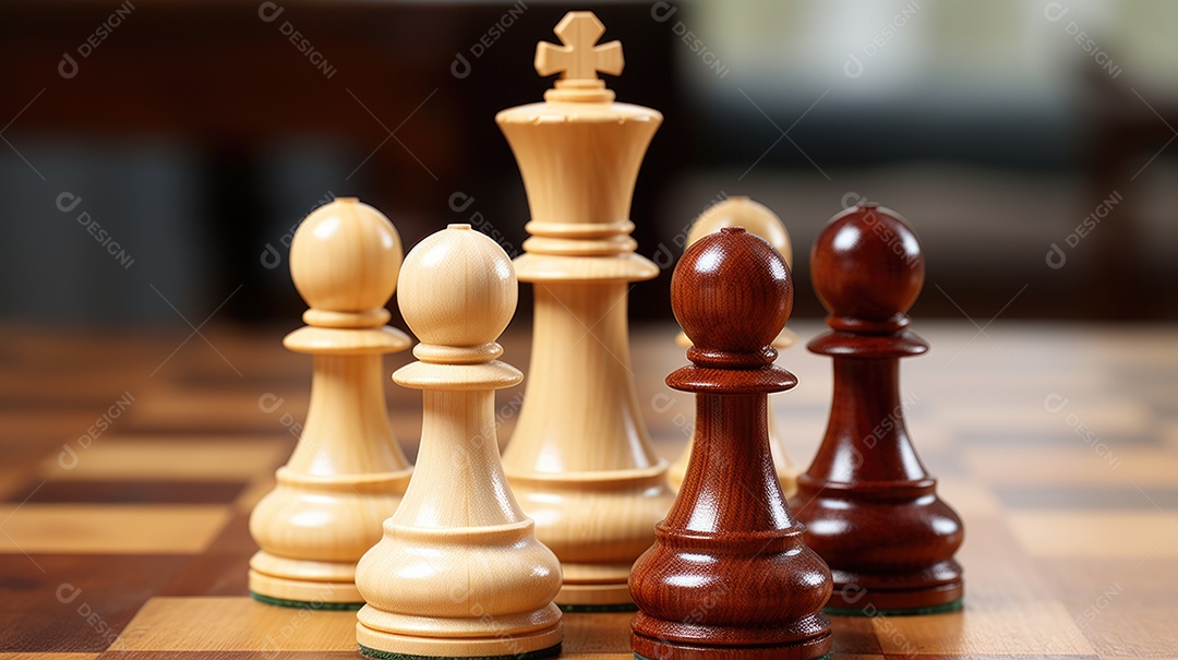 Um tabuleiro de xadrez com peões de madeira isolados