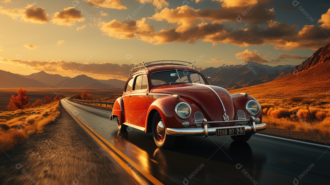 Carros clássicos de modelo antigo em uma bela estrada vazia