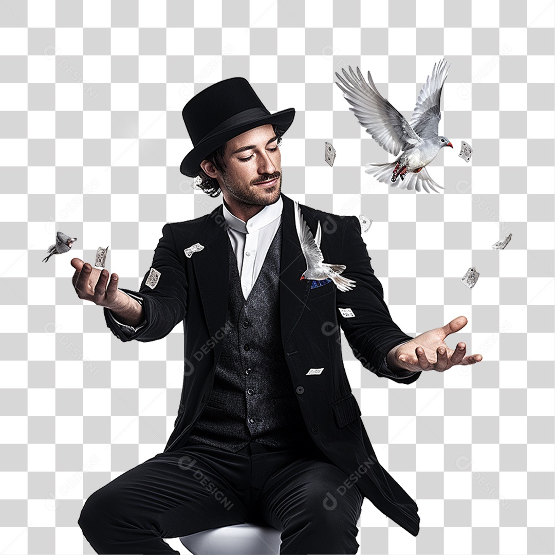 Mágico com Pombas e Cartola PNG Transparente