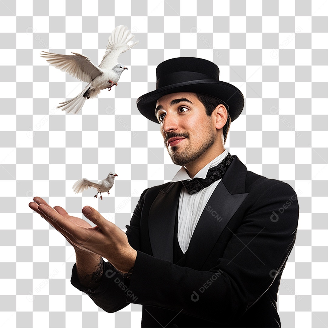 Mágico com Pombas e Cartola PNG Transparente