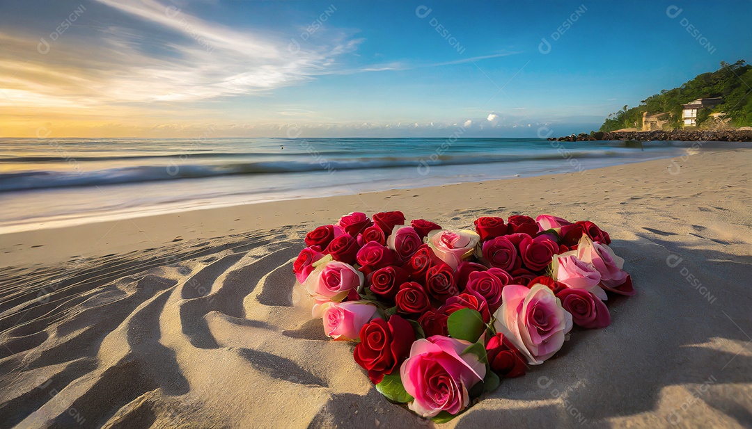Coração feito de rosas na praia generativa foto